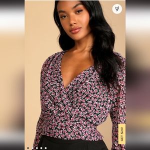 Lulu's You're Gorgeous Black Floral Print Long Sleeve Cropped Wrap Top
